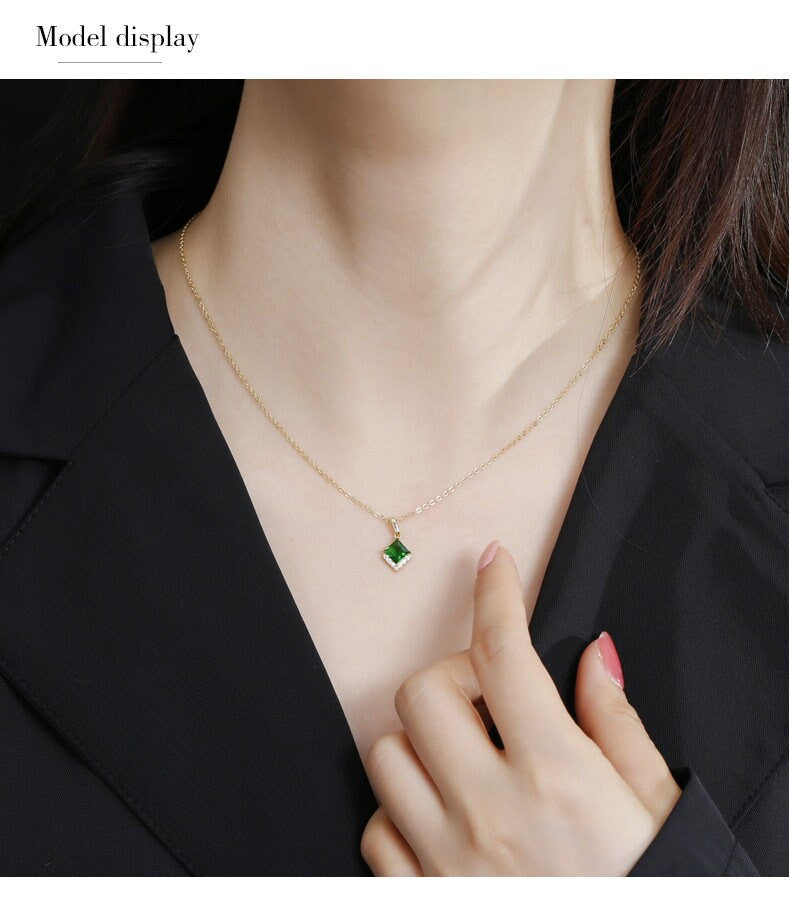 Emerald cut necklace| gold necklace with emerald pendant| emerald diamond pendant necklace