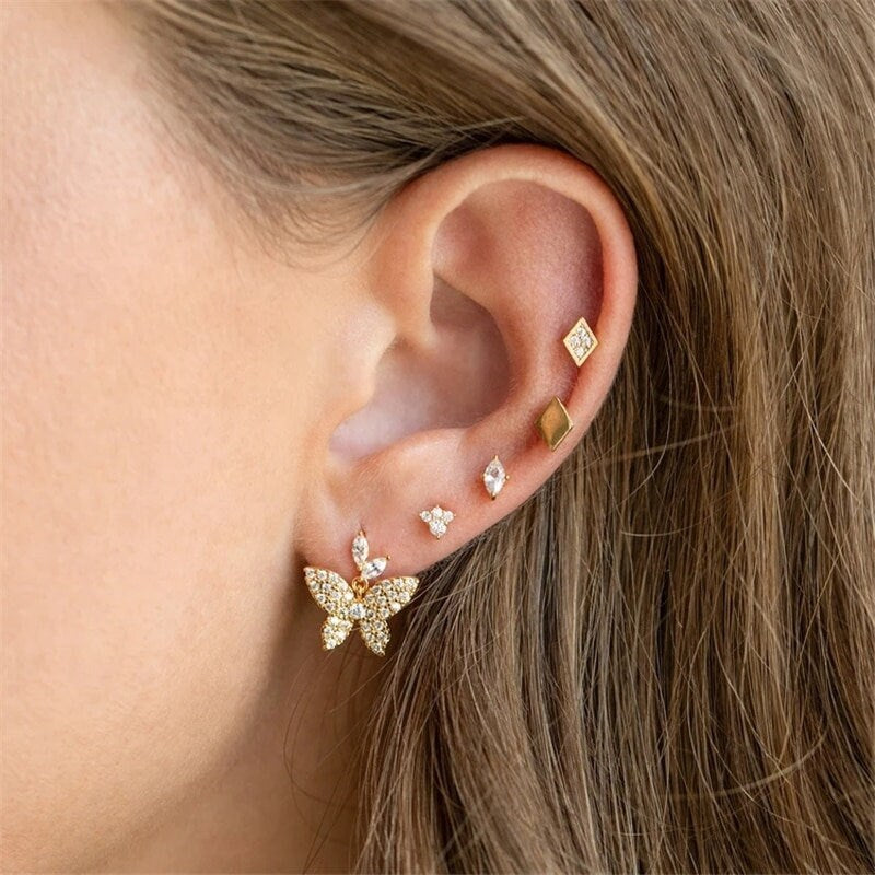 18G Small Star Screw Back Earrings, 18k Gold Plated 925 Silver Geometric Earrings, Star & Moon Earrings, Cartilage Conch/Tragus Earrings