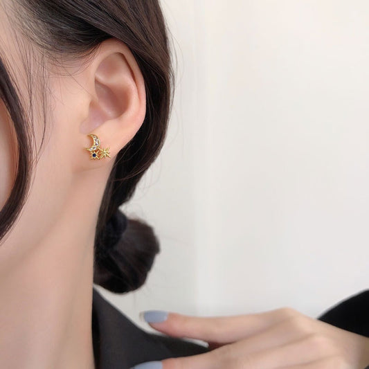 Star Moon CZ Stud Earrings,