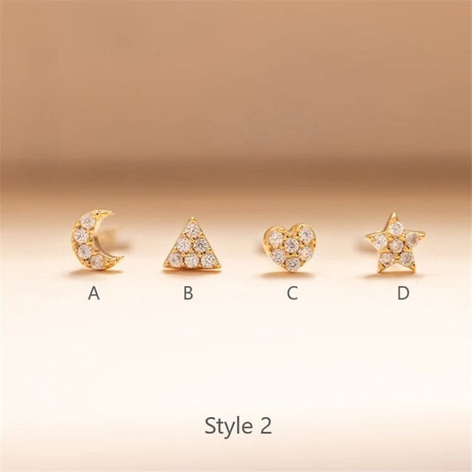 18G Small Star Screw Back Earrings, 18k Gold Plated 925 Silver Geometric Earrings, Star & Moon Earrings, Cartilage Conch/Tragus Earrings