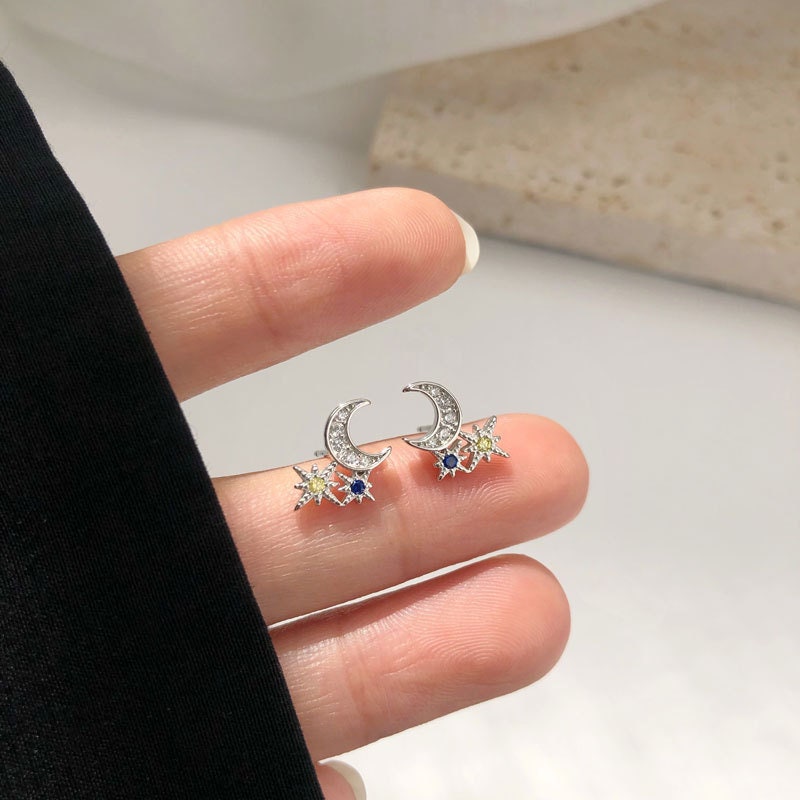 Star Moon CZ Stud Earrings,