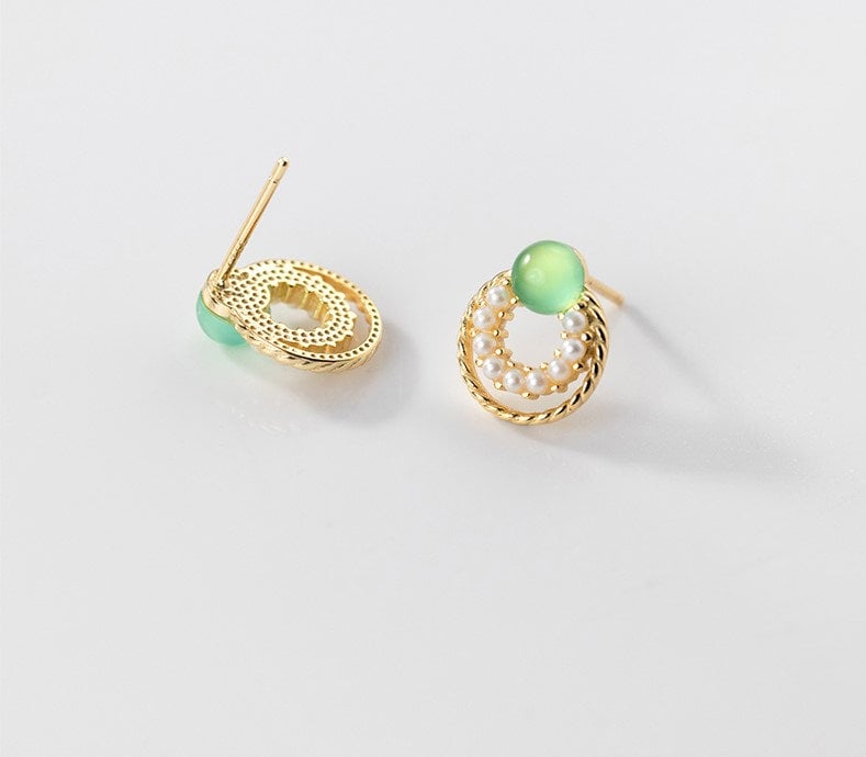 1 Paar | 14k vergoldete 925 Silber Katzenauge Kreis Ohrstecker, Perlmutt & Edelstein Kreis Ohrringe, Hübsche Geometrie Ohrringe, E89