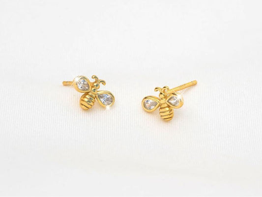 Zierliche Gold-CZ-Bienen-Ohrstecker, 14 Karat vergoldetes Sterlingsilber, Honigbienen-Ohrstecker, niedliche Tierohrringe, Bienenliebhaber-Ohrring, Geschenk für Sie E125