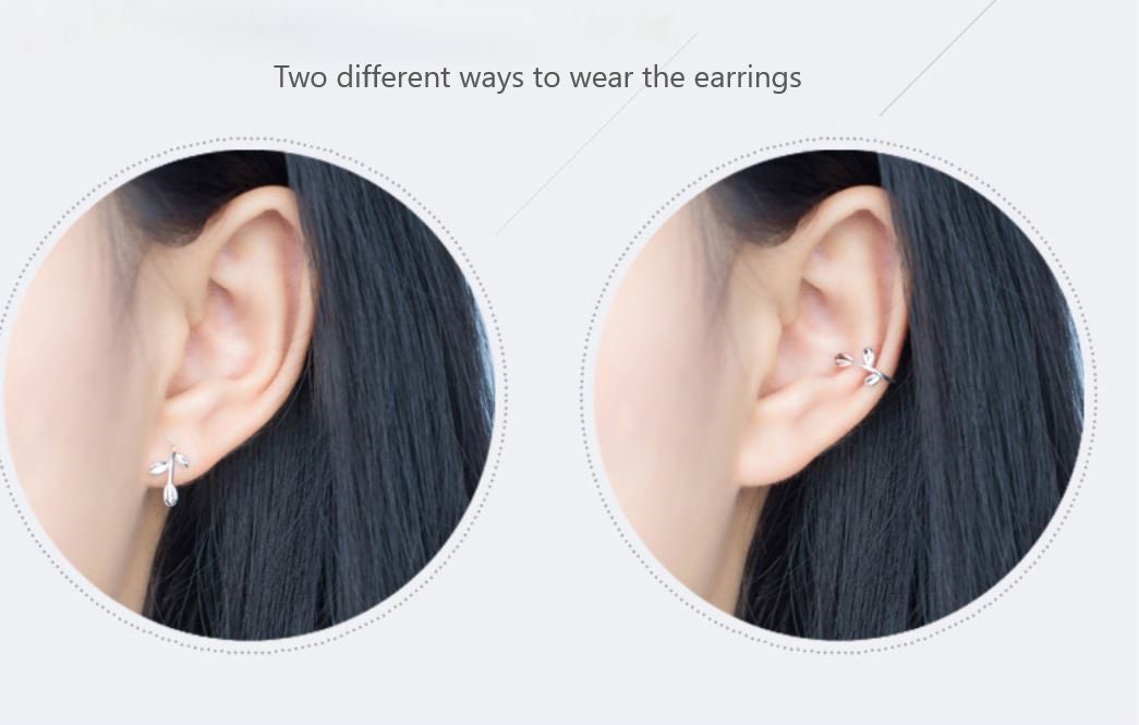 Sterling Silver Leaves Hook Earrings, Dainty Leaves Ear Crawler, Pretty Leaves Ear Cuff, Skinny Leaf/Plant Earrings, Gifts for Her, E105