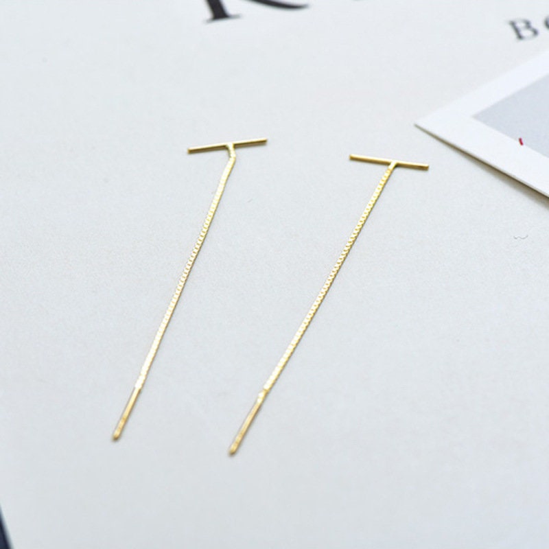 Vergoldete Sterling Silber Bar Threader Drop & Dangle Ohrringe, zierliche Linie Quasten Ohrringe, modernes Design, Silber oder Gold, E126