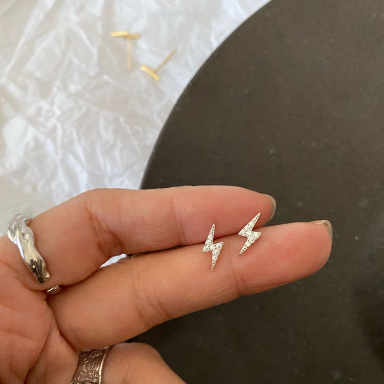 CZ Lightning Bolt Stud Earrings