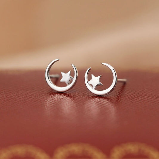 Silver Crescent Moon Star Stud Earrings