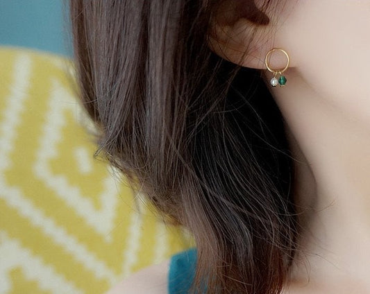 Green Crystal & Pearl Round Stud Earrings