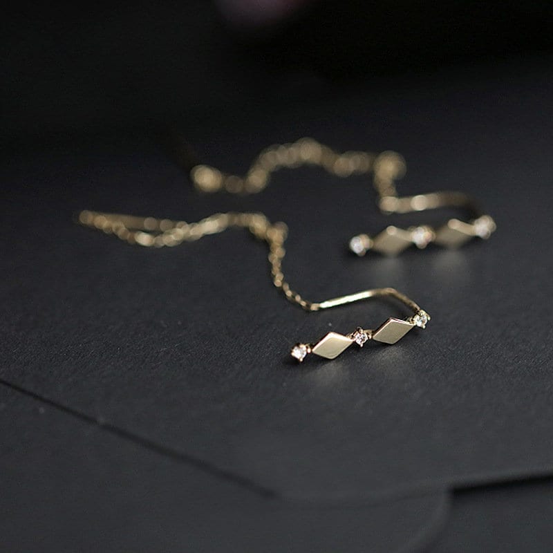 Rhombus Dangle CZ Gold Earrings