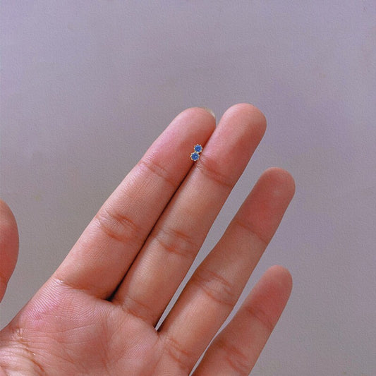 Blue zircon earrings| Round gold earrings studs| Blue stud earrings