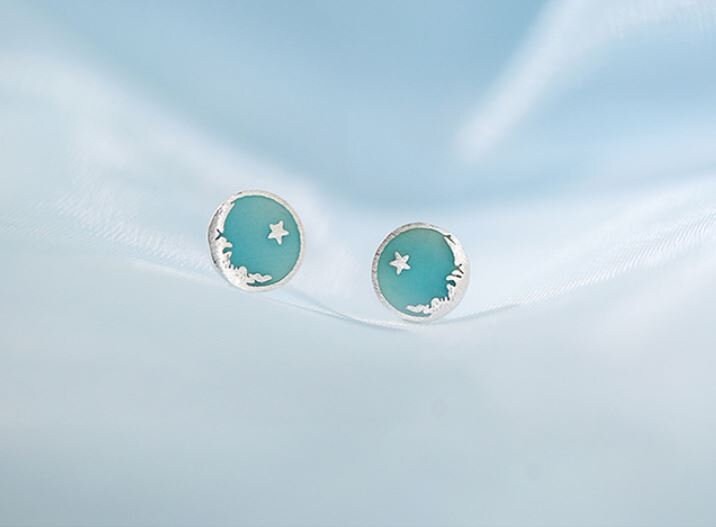Green Moon Star Stud Earrings