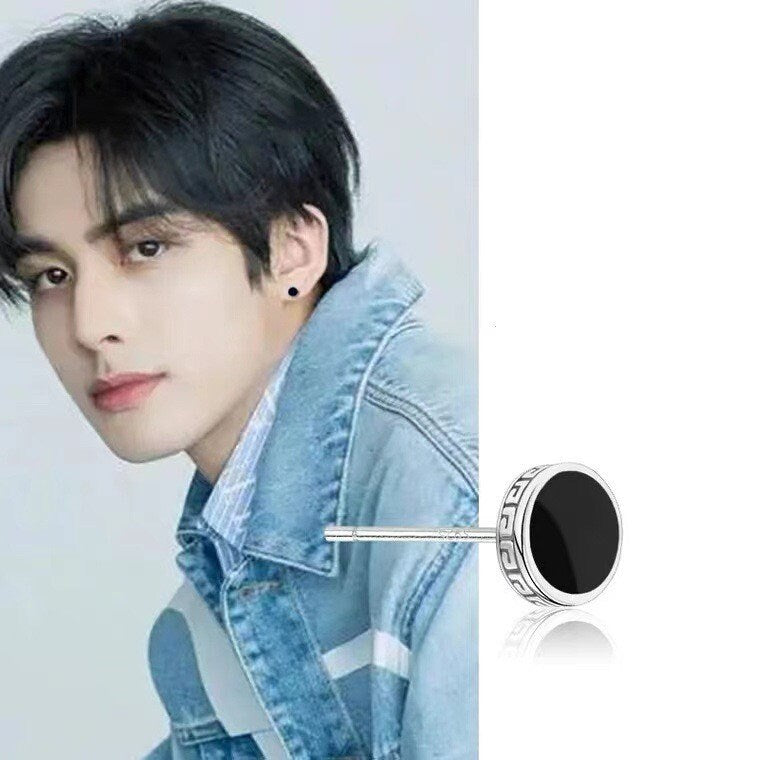 Men's Silver Black Stud Earrings