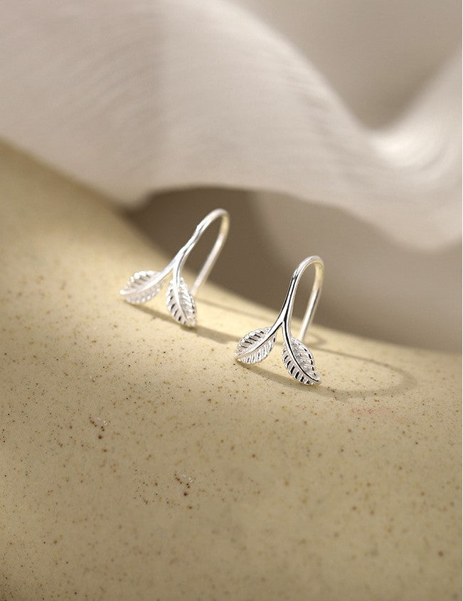 925 Silver Sprout Hoop Earrings, Leaf Huggie Earrings, Dainty Leaf Crawler Earrings, Leaf Hoop Earrings, Leaf Hook Earring, Ear Jacket, E175