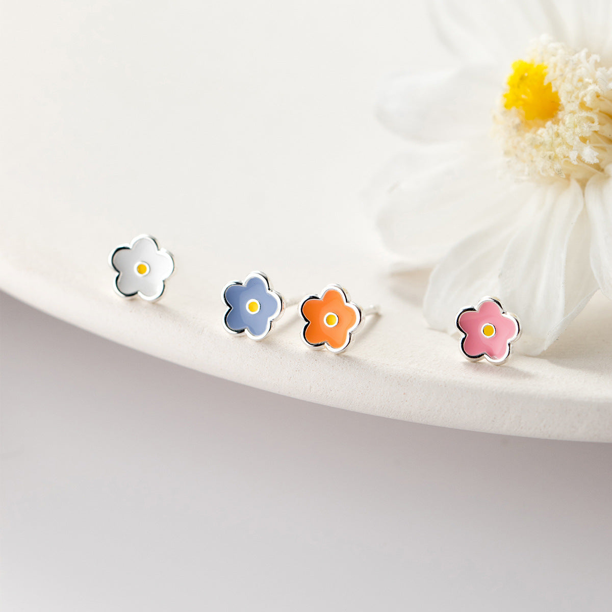 Sterling Silver Flower Stud Earrings, Mismatched Color Flower Studs, Pretty Plant Earrings, Minimalist Flower Studs, Gifts for her, E90