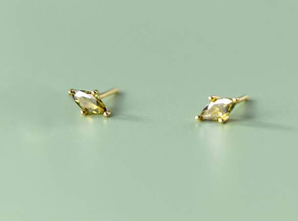 14k Gold Plated 925 Silver Olive Green CZ Stud Earrings, Tiny Oval Shape Green Crystal Earrings, Pretty and Timeless Design, Gifts, E140