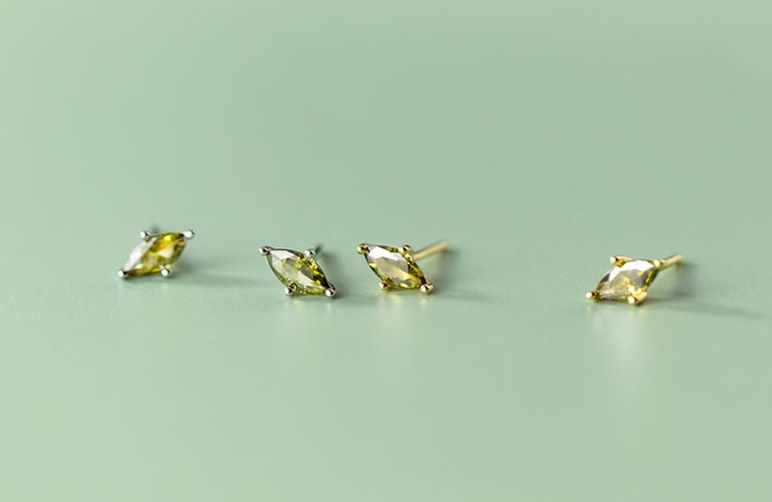 14k Gold Plated 925 Silver Olive Green CZ Stud Earrings, Tiny Oval Shape Green Crystal Earrings, Pretty and Timeless Design, Gifts, E140