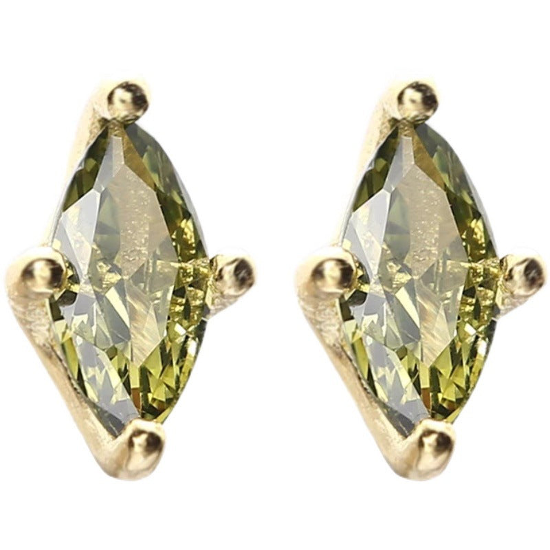 14k Gold Plated 925 Silver Olive Green CZ Stud Earrings, Tiny Oval Shape Green Crystal Earrings, Pretty and Timeless Design, Gifts, E140