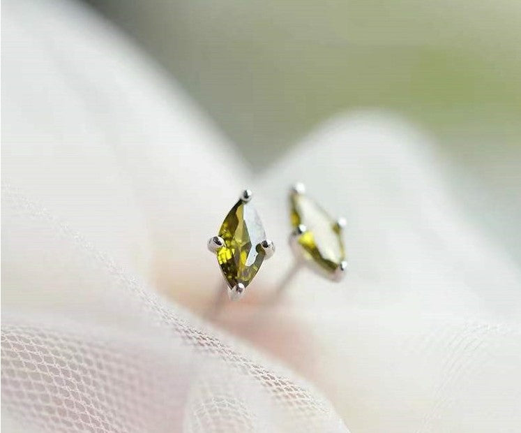 14k Gold Plated 925 Silver Olive Green CZ Stud Earrings, Tiny Oval Shape Green Crystal Earrings, Pretty and Timeless Design, Gifts, E140