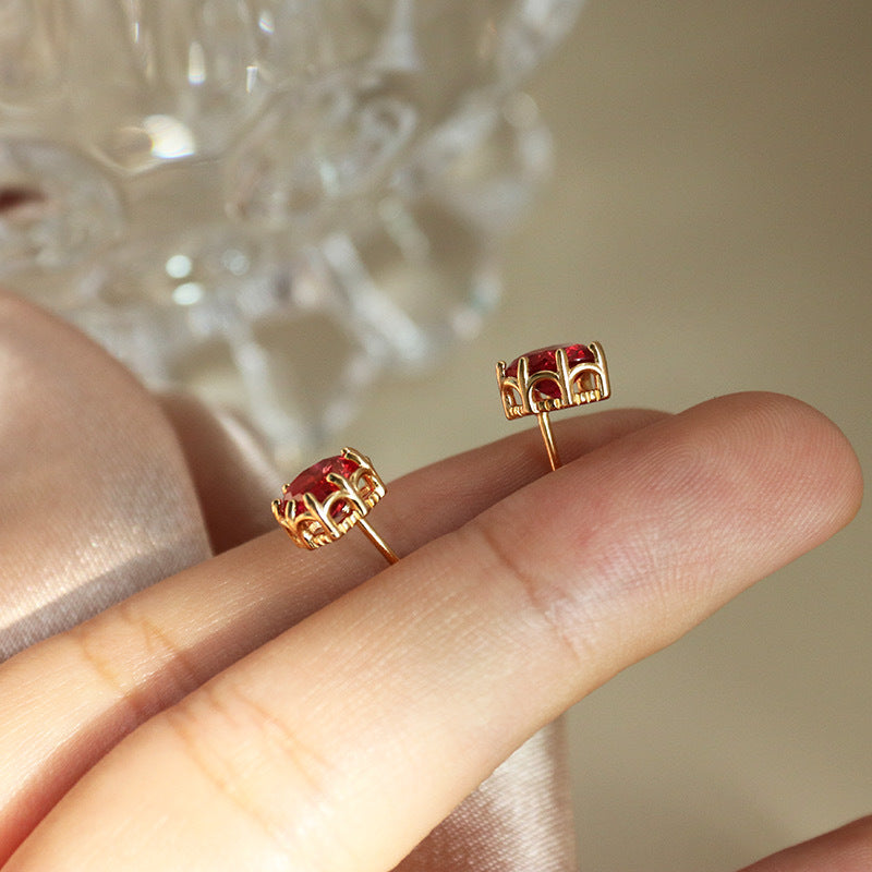 14k Gold Plated 925 Silver Heart Ruby CZ Stud Earrings, Dainty Simulated Ruby Earrings, Pretty Heart Design, Wedding Gift, Gift for Her, E94