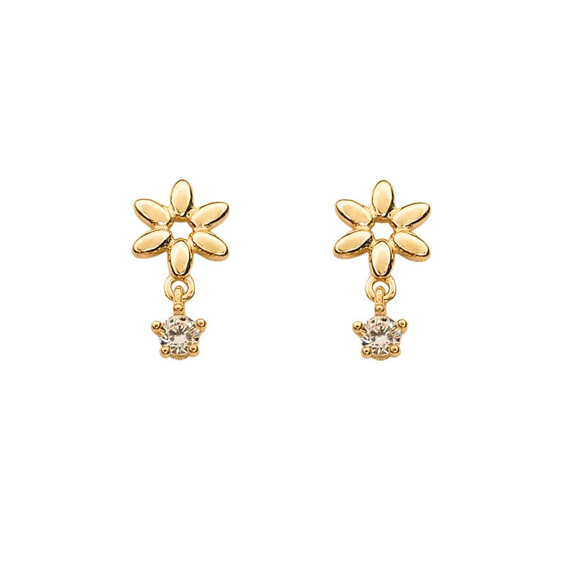 14k Gold Plated 925 Silver Mini Flower with Tiny Drop CZ Stud Earrings, Dainty Tiny Flower with CZ Earrings, Minimalist Plant Earrings, E238