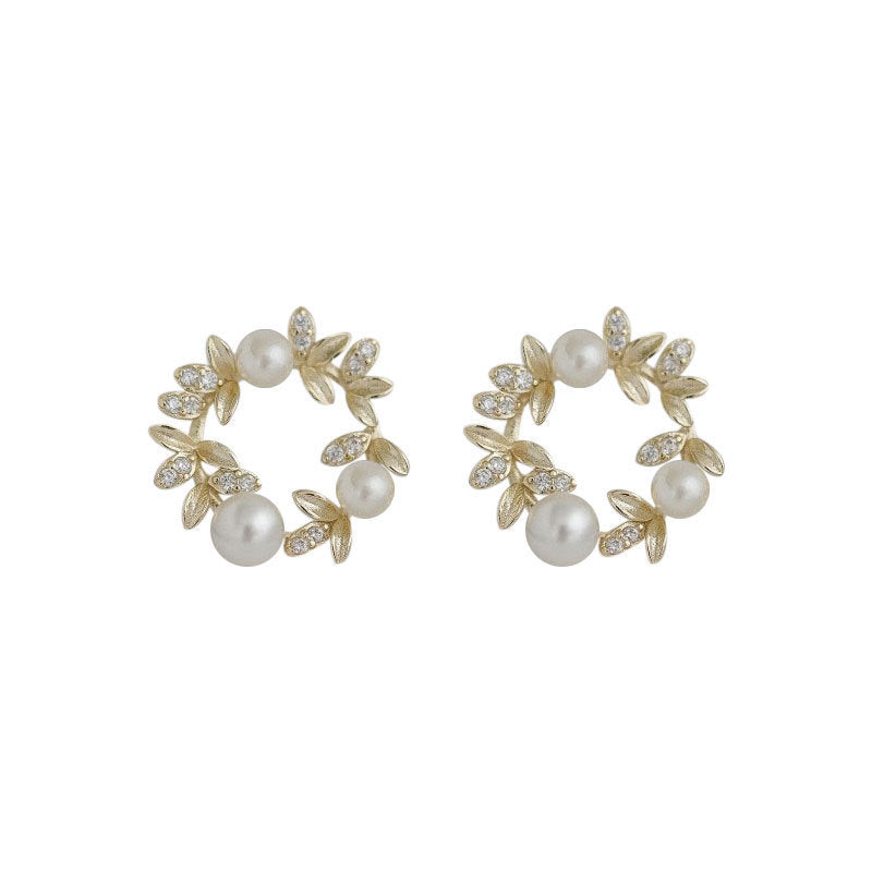 Delicate Wreath Pearl & CZ Stud Earrings, Dainty Olive Leaf Circle Studs, Pearl Circle Earring, Gold Wreath Earrings, Christmas Earring E216