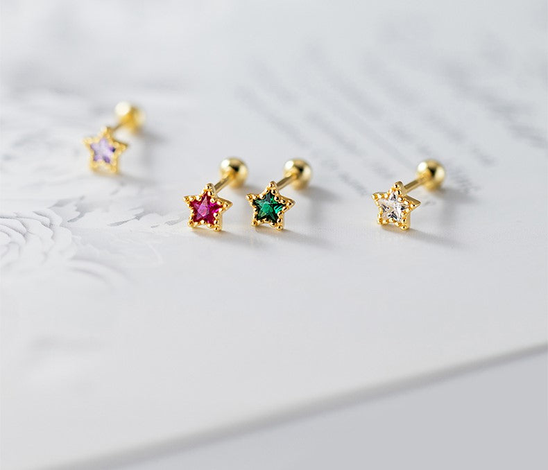 14k Gold Plated 925 Silver Emerald CZ Star Screw Back Earrings, Green CZ Sparkly Stars Screw Back Earrings,  Tragus/Cartilage Star Studs E99