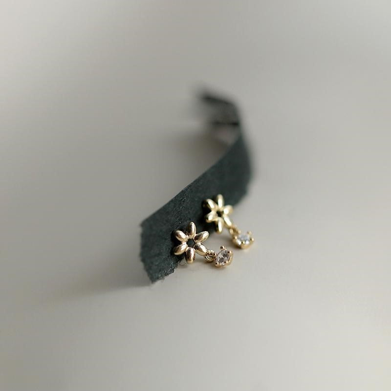 14k Gold Plated 925 Silver Mini Flower with Tiny Drop CZ Stud Earrings, Dainty Tiny Flower with CZ Earrings, Minimalist Plant Earrings, E238