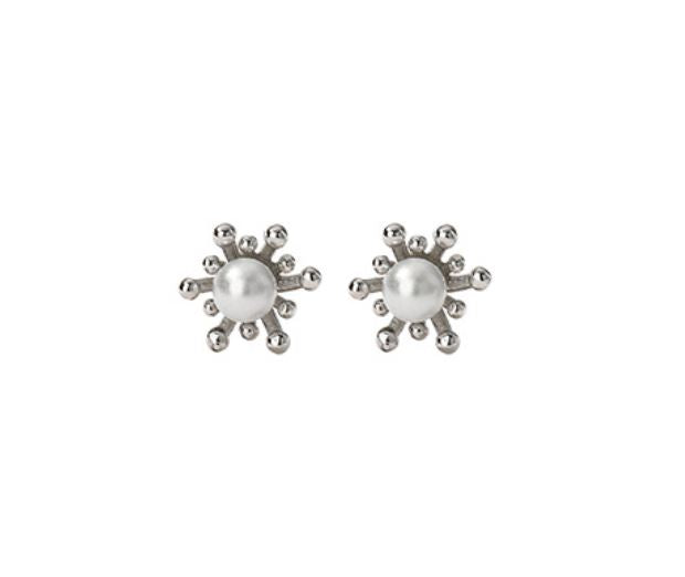 Sterling Silver Sunflower with Simulated Pearl Stud Earrings, Pearl Centered in Flower Studs, Lovely Flower Earring, Two Color Available E57