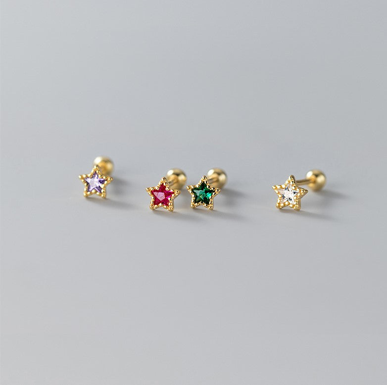 14k Gold Plated 925 Silver Emerald CZ Star Screw Back Earrings, Green CZ Sparkly Stars Screw Back Earrings,  Tragus/Cartilage Star Studs E99