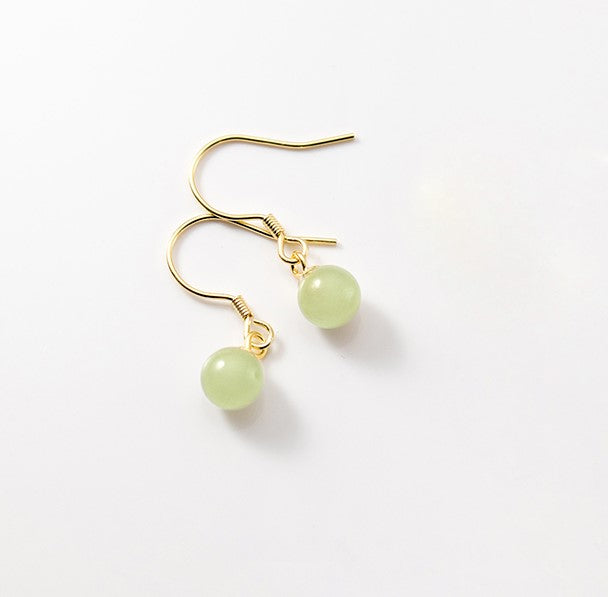 Genuine Jade Hook Drop & Dangle Earrings, Gold Plated 925 Silver Round Jade Drop Earrings, Nature Jade Earrings, Pretty Classic Design, E144