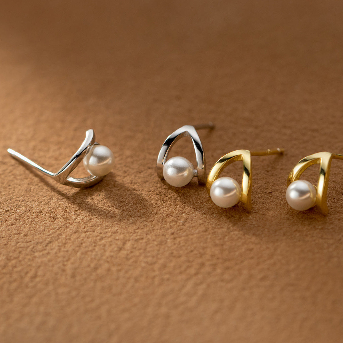 14k Gold Plated Sterling Silver Pearl Stud Earrings, Dainty Simulated Pearl Geometry Earrings, Minimalist Gold Earring, Gifts for Her, E284