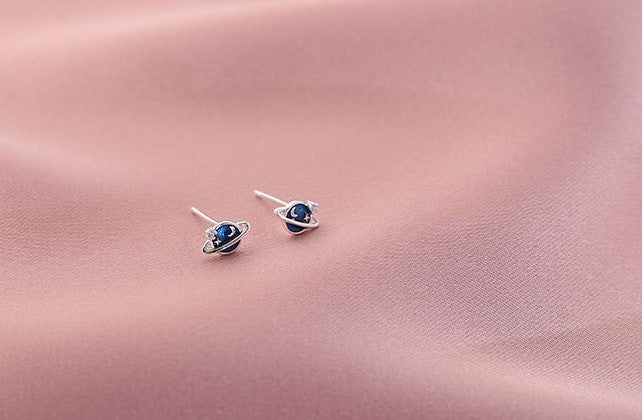 Sterling Silver Blue Planet Stud Earrings, Lovely Star & Crescent Moon Earrings, Silver Saturn Stud Earrings, Sold by Pair, Gift for Her E28