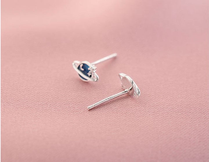 Sterling Silver Blue Planet Stud Earrings, Lovely Star & Crescent Moon Earrings, Silver Saturn Stud Earrings, Sold by Pair, Gift for Her E28