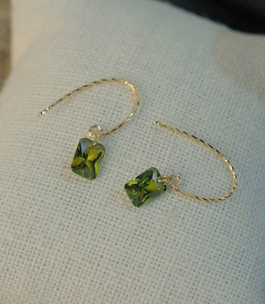 Long Hook Olive Green CZ Earrings