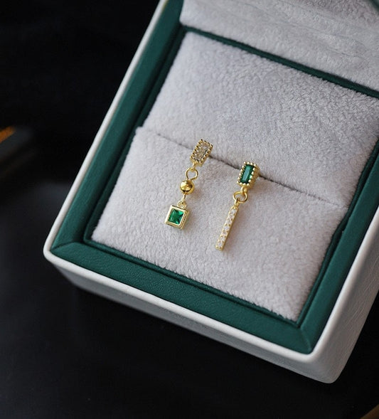 Emerald CZ Mismatched Earrings •  Asymmetrical Dangling Earrings • Emerald Green CZ Drop Earrings • 925 Silver Earrings • Gift for Her E01