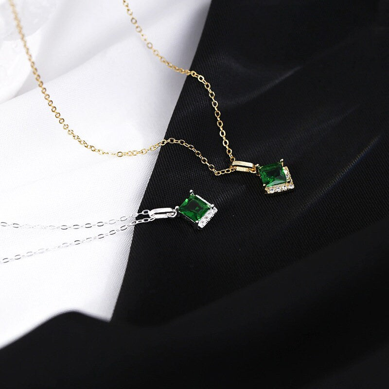 Elegant V-Shaped Emerald Necklace, Solid Sterling Silver Emerald CZ Necklace, Bridal Jewelry, Perfect Gift for her, Silver or Gold, GS05