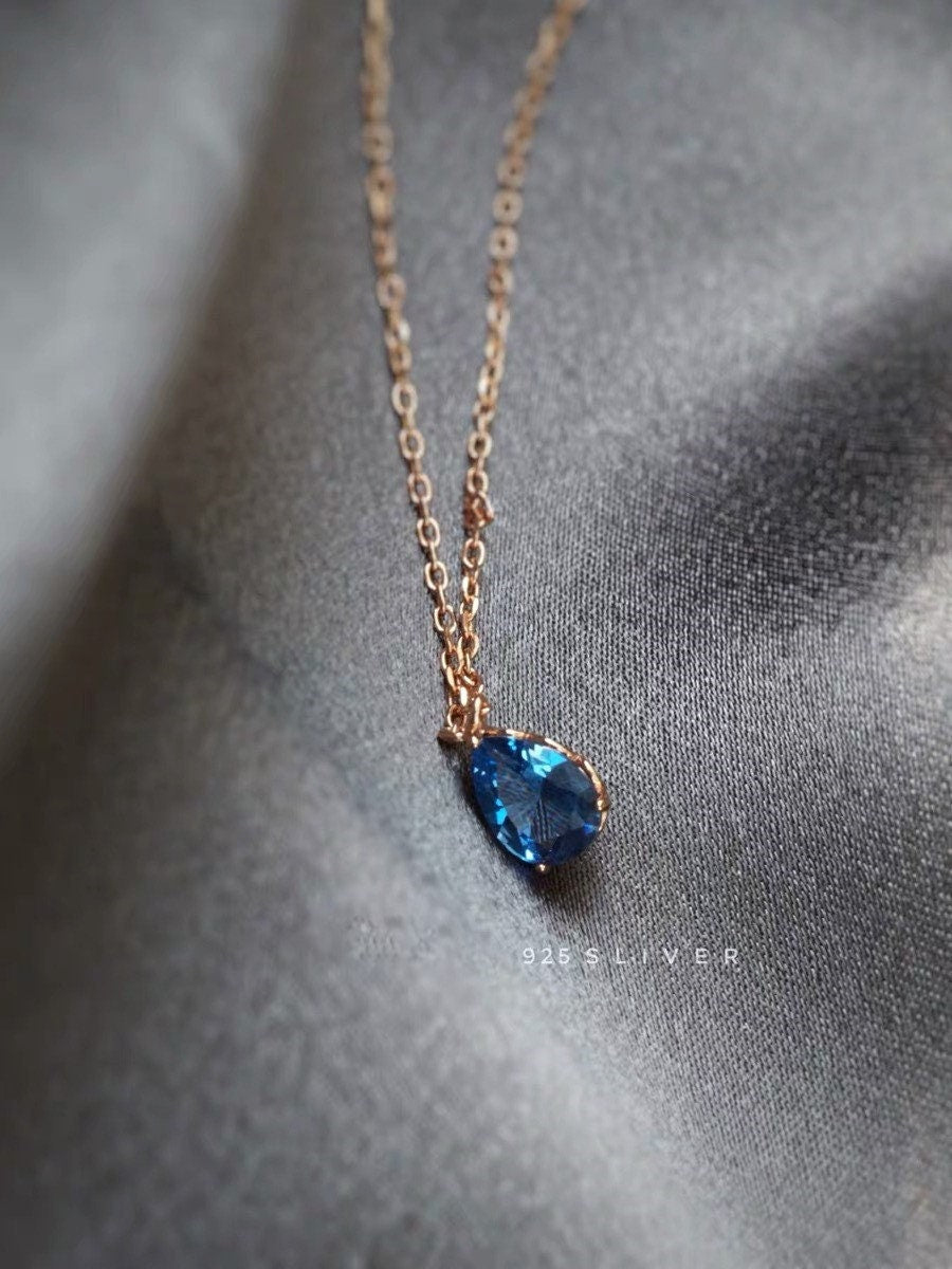 Gold Plated 925 Silver Blue CZ Water Drop Necklace, Champagne Gold Blue Necklace, Blue Sapphire CZ Droplet Necklace, Two Color Available N09