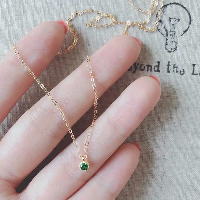 Round Cut Emerald CZ Necklace, 3mm Emerald Green CZ Necklace, 14k Gold Plated 925 Silver Emerald Necklace, Gifts for Her