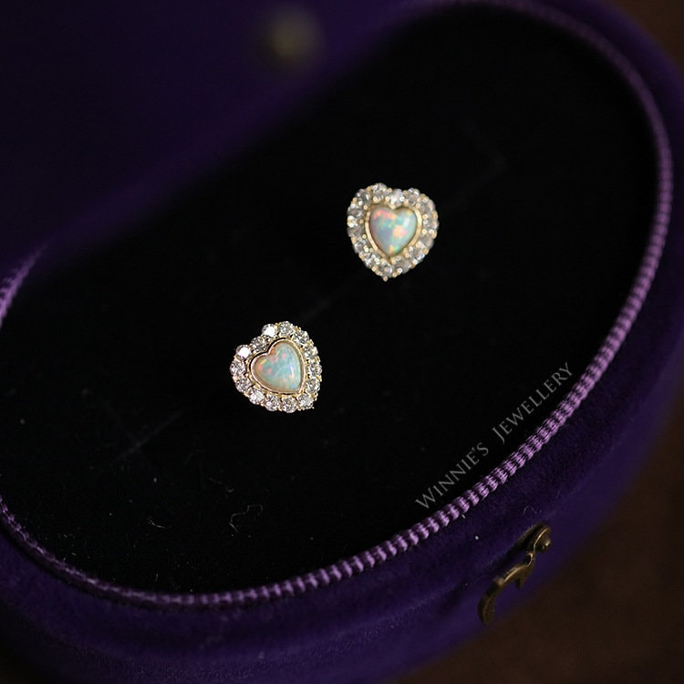 14k Gold Plated Sterling Silver Opal Heart-shaped Stud Earrings, Tiny Opal Heart CZ Earring, Gold Opal Earrings, Minimalist Earrings, E16