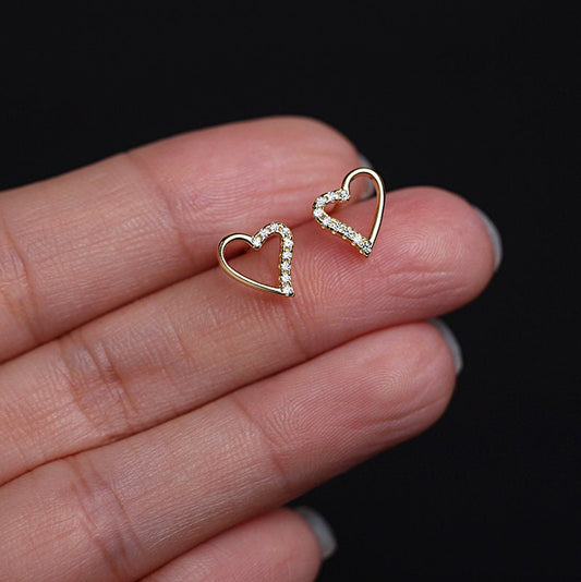 14k Gold Plated Sterling Silver Dainty CZ Heart Earrings, Skinny Gold Heart Earrings, Minimalist Heart Studs, Gifts for Her, E111