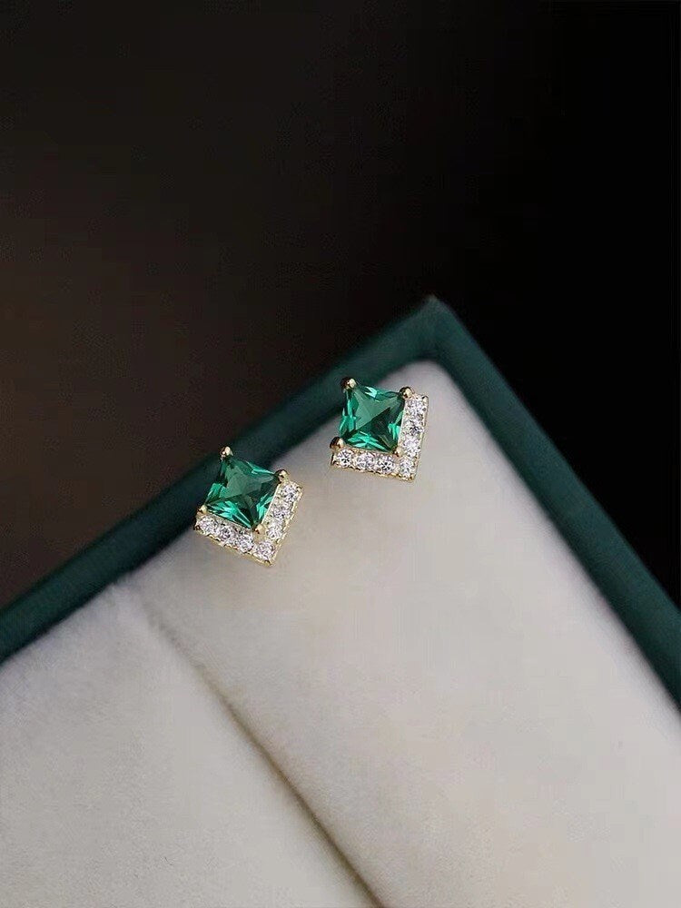 Gold Simulated Emerald Green CZ Stud Earrings, Emerald CZ V-shape Earring, Gold Plated 925 Silver Green Studs, Emerald Jewelry Gift Set E12