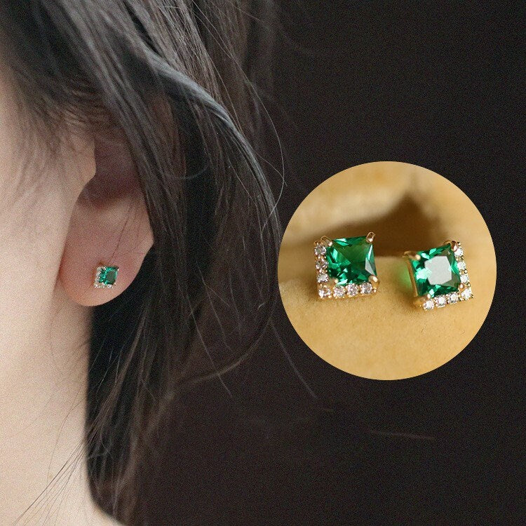 Gold Simulated Emerald Green CZ Stud Earrings, Emerald CZ V-shape Earring, Gold Plated 925 Silver Green Studs, Emerald Jewelry Gift Set E12