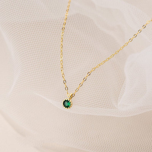 Round Cut Emerald CZ Necklace, 3mm Emerald Green CZ Necklace, 14k Gold Plated 925 Silver Emerald Necklace, Gifts for Her