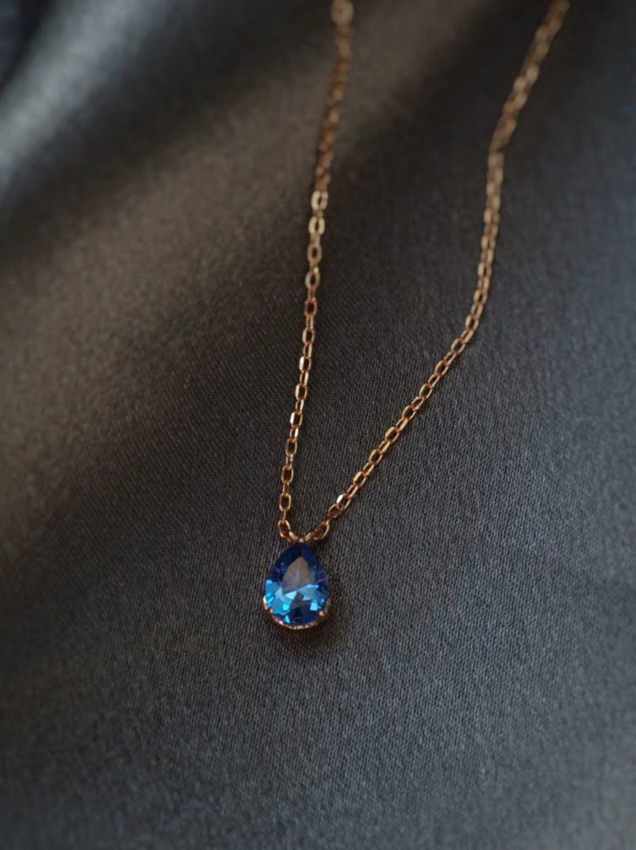 Gold Plated 925 Silver Blue CZ Water Drop Necklace, Champagne Gold Blue Necklace, Blue Sapphire CZ Droplet Necklace, Two Color Available N09