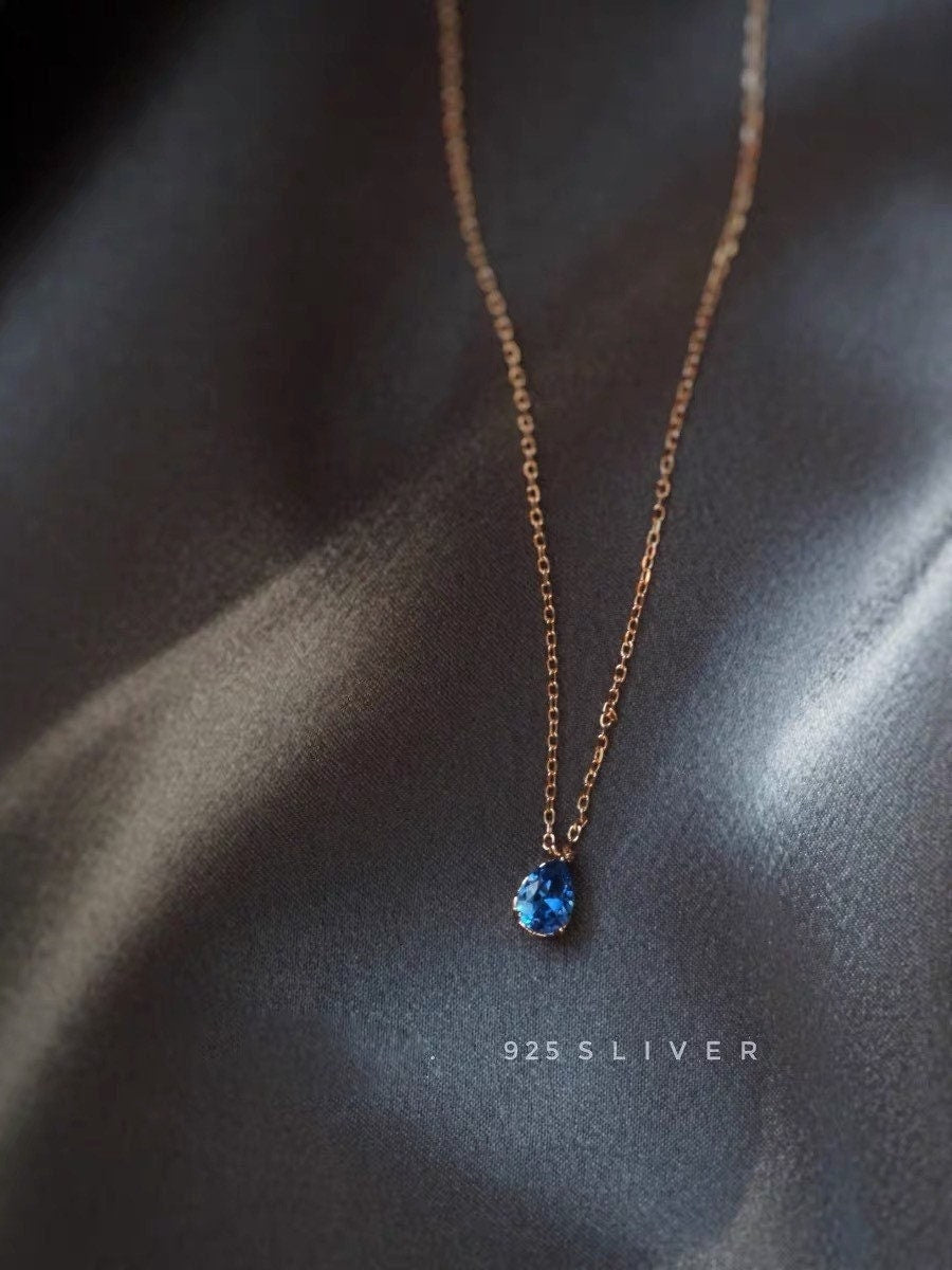 Gold Plated 925 Silver Blue CZ Water Drop Necklace, Champagne Gold Blue Necklace, Blue Sapphire CZ Droplet Necklace, Two Color Available N09