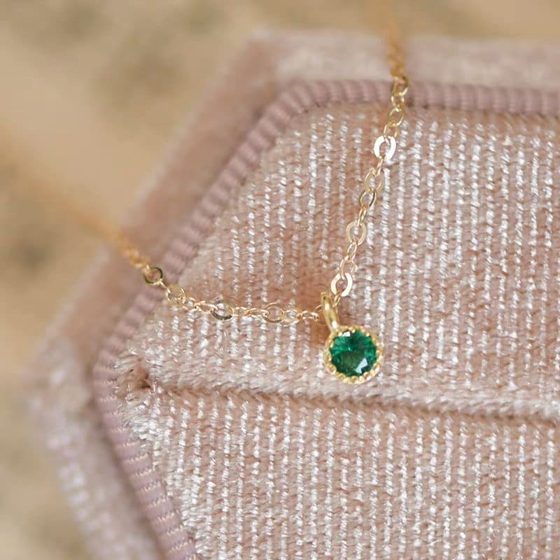 Round Cut Emerald CZ Necklace, 3mm Emerald Green CZ Necklace, 14k Gold Plated 925 Silver Emerald Necklace, Gifts for Her