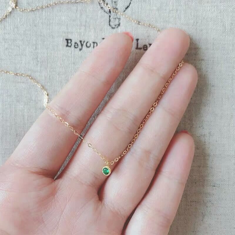 Round Cut Emerald CZ Necklace, 3mm Emerald Green CZ Necklace, 14k Gold Plated 925 Silver Emerald Necklace, Gifts for Her