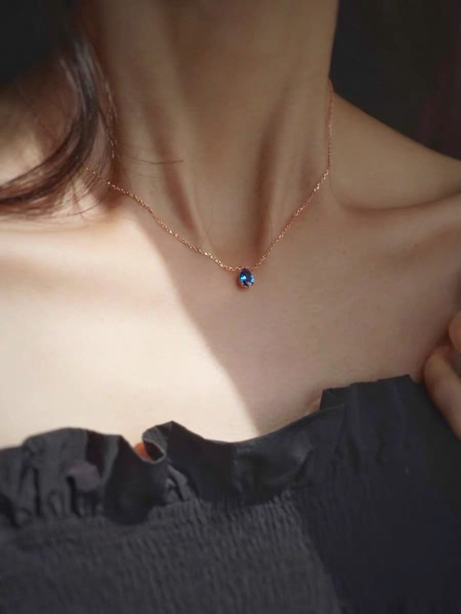 Gold Plated 925 Silver Blue CZ Water Drop Necklace, Champagne Gold Blue Necklace, Blue Sapphire CZ Droplet Necklace, Two Color Available N09