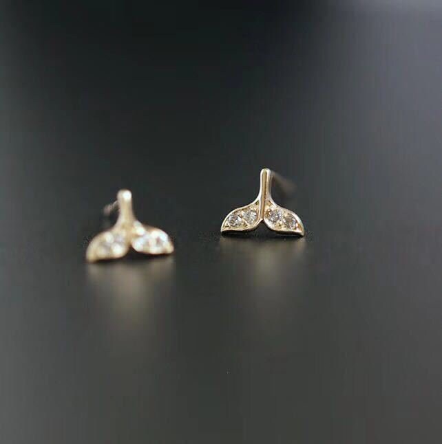 1 Pair | Tiny Gold Whale Tail Studs, Gold Plated 925 Silver Fish-Tail Earrings, Dainty CZ Mermaid-Fish-tail Earrings, Minimalist Studs, E11