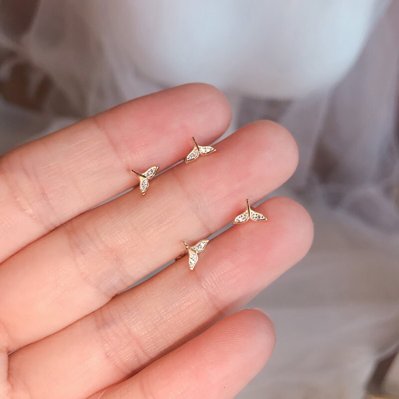 1 Pair | Tiny Gold Whale Tail Studs, Gold Plated 925 Silver Fish-Tail Earrings, Dainty CZ Mermaid-Fish-tail Earrings, Minimalist Studs, E11